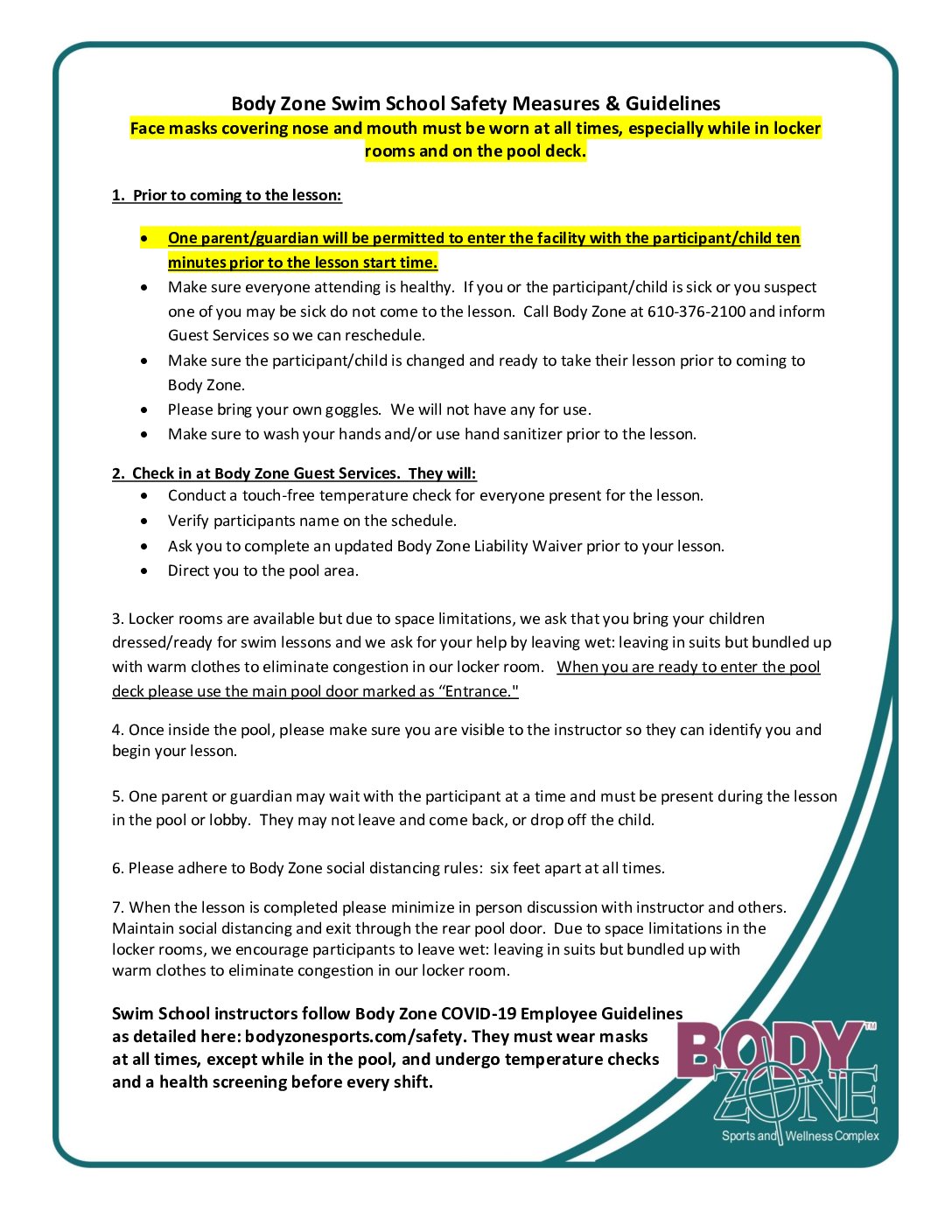 Body Zone Swim School Safety Measures And Guidelines revised December