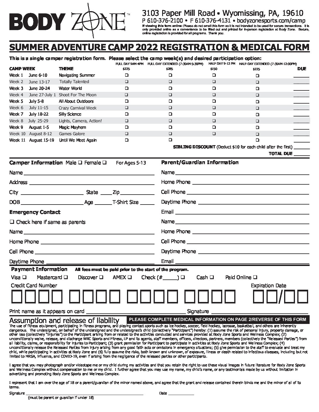 BodyZoneSummerAdventureCamp2022RegistrationandMedicalForm