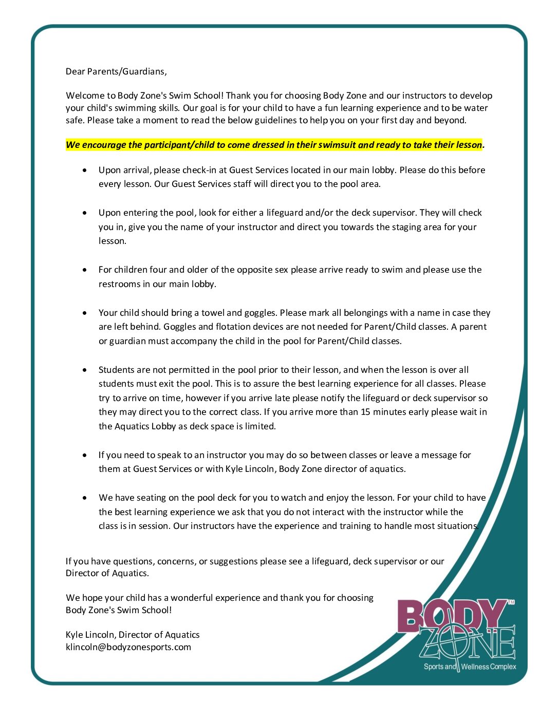 Body Zone Swim School Important Information & Guidelines r. 922