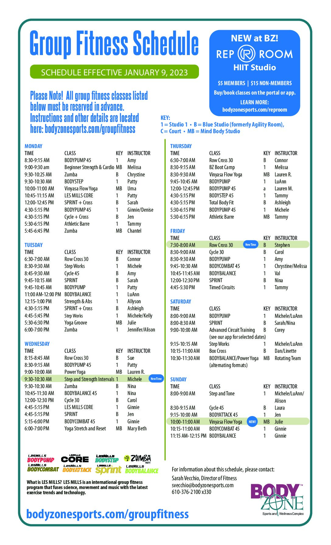GROUP FITNESS SCHEDULE JAN 9 2023 Body Zone Sports and Wellness Complex