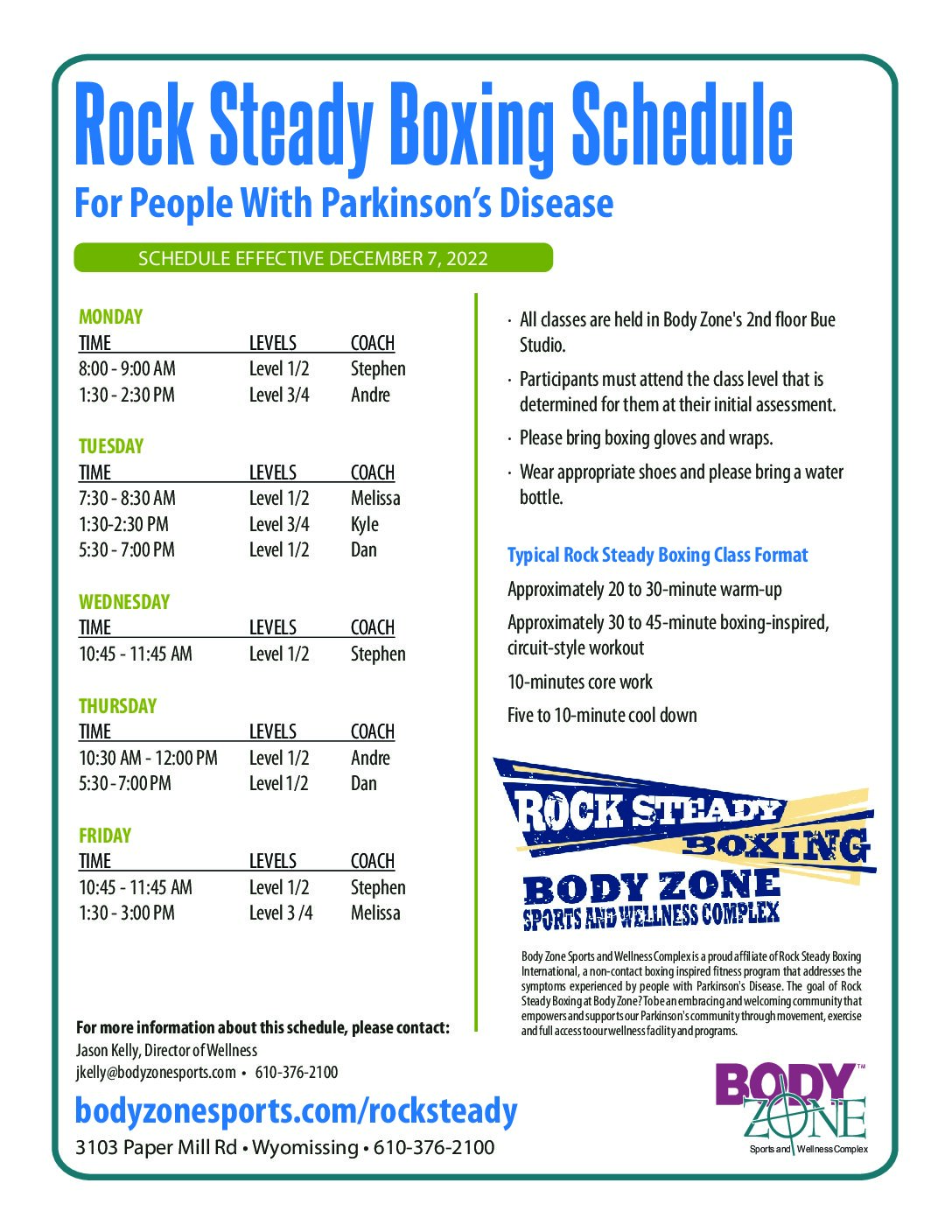 ROCK STEADY SCHEDULE - DEC 7 2022 - Body Zone Sports and Wellness Complex