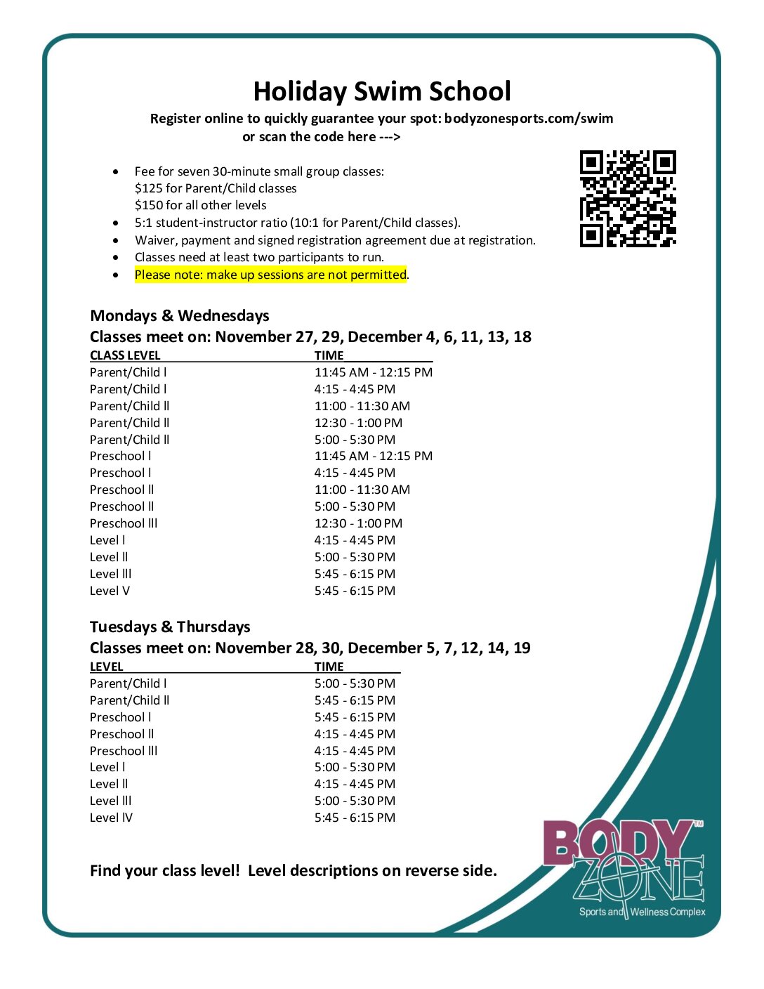 Holiday Swim School 2023 schedule and descriptions Body Zone
