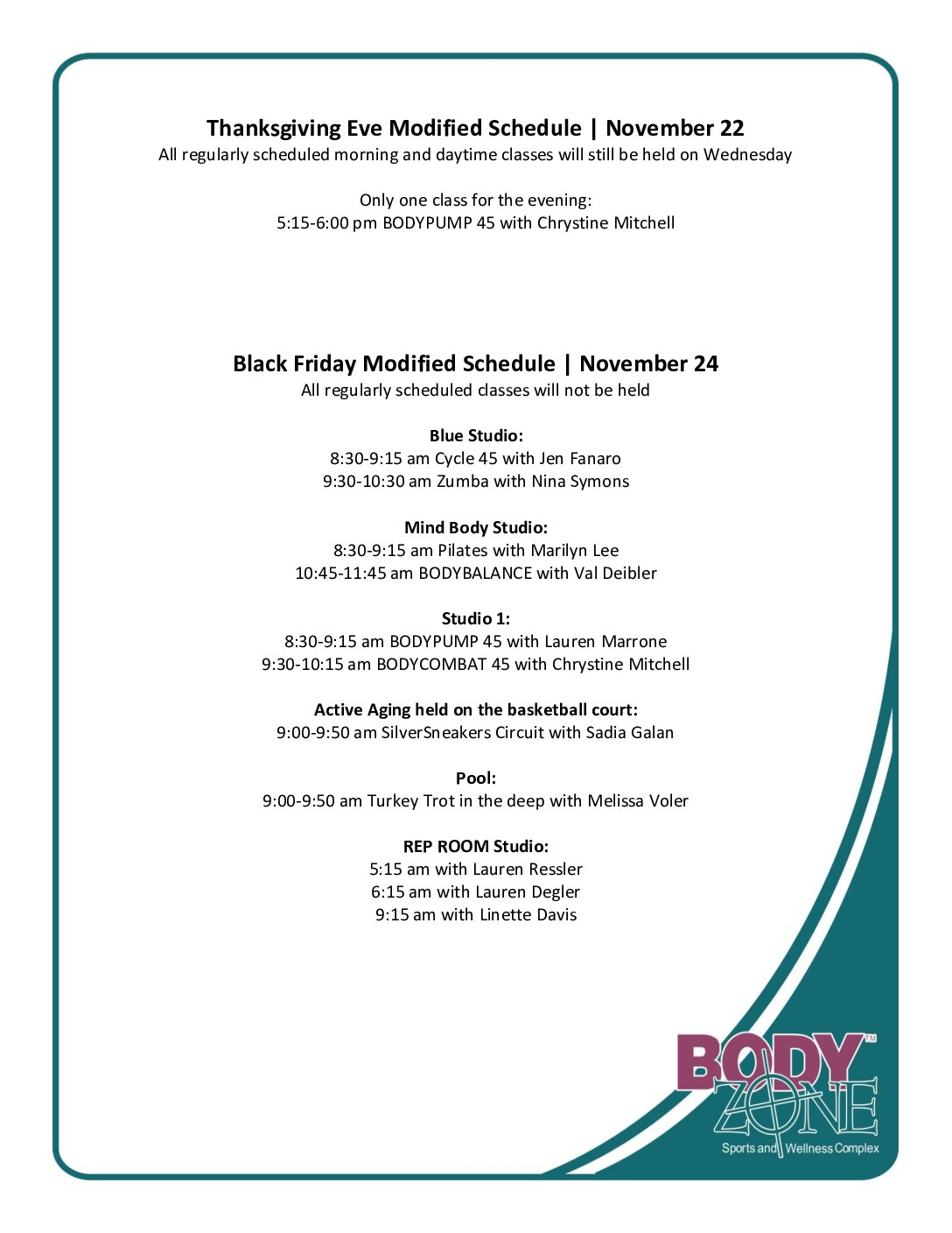 BODY ZONE MODIFIED GROUP FITNESS SCHEDULE THANKSGIVING 2023 Body