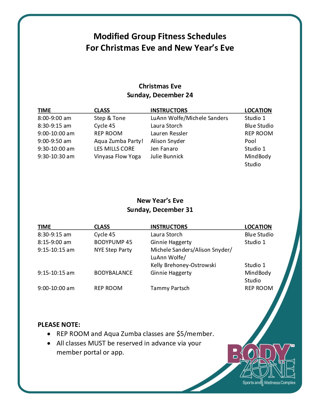 Body Zone Holiday Group Fitness Schedules 2023 Body Zone Sports and