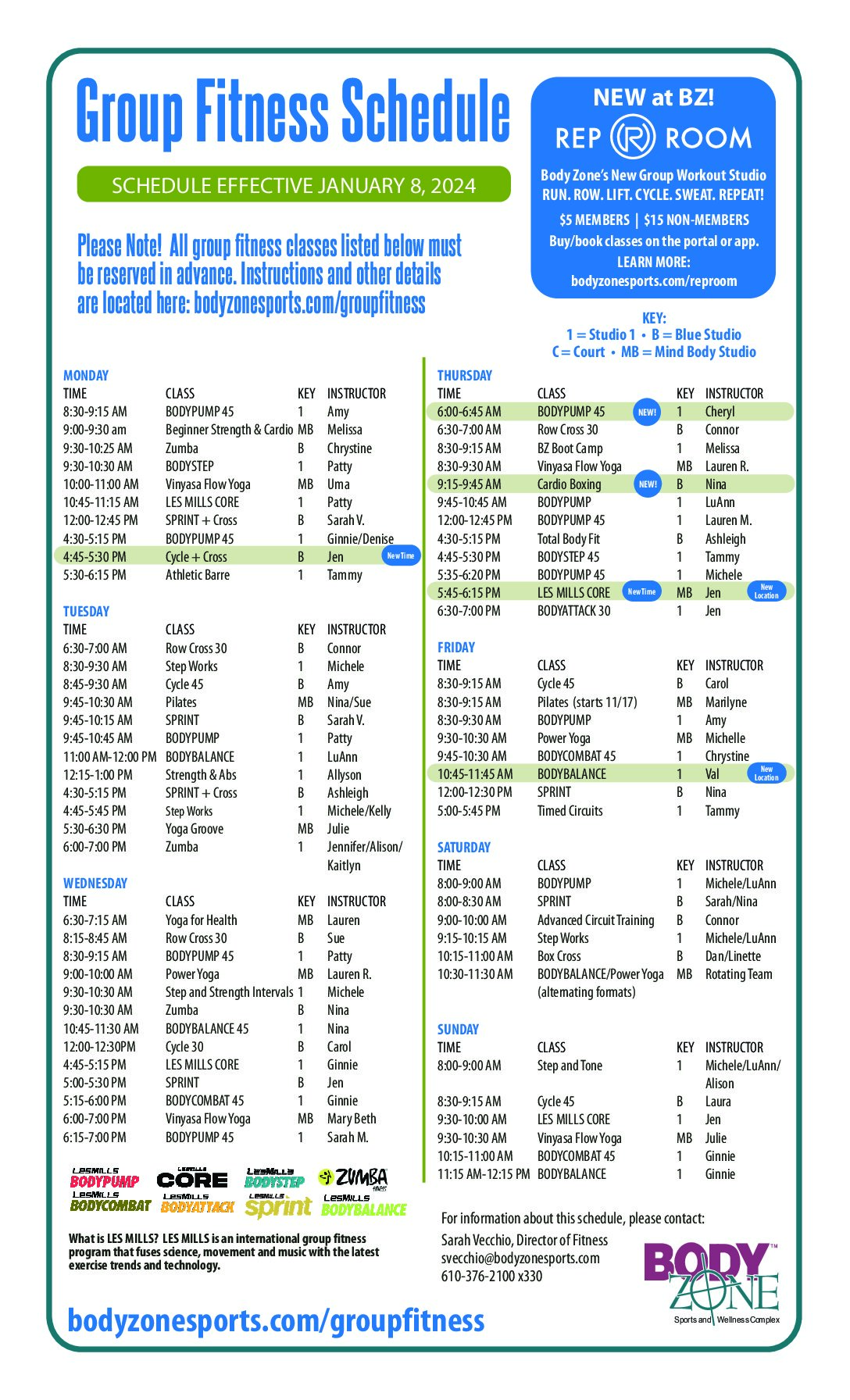 GROUP FITNESS SCHEDULE - JAN 8 2024 - Body Zone Sports and Wellness Complex